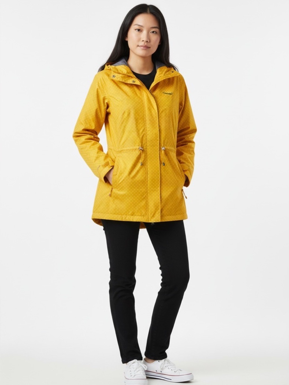 Columbia hoodie jacket windbreaker rain lightweight yellow white dots pockets M